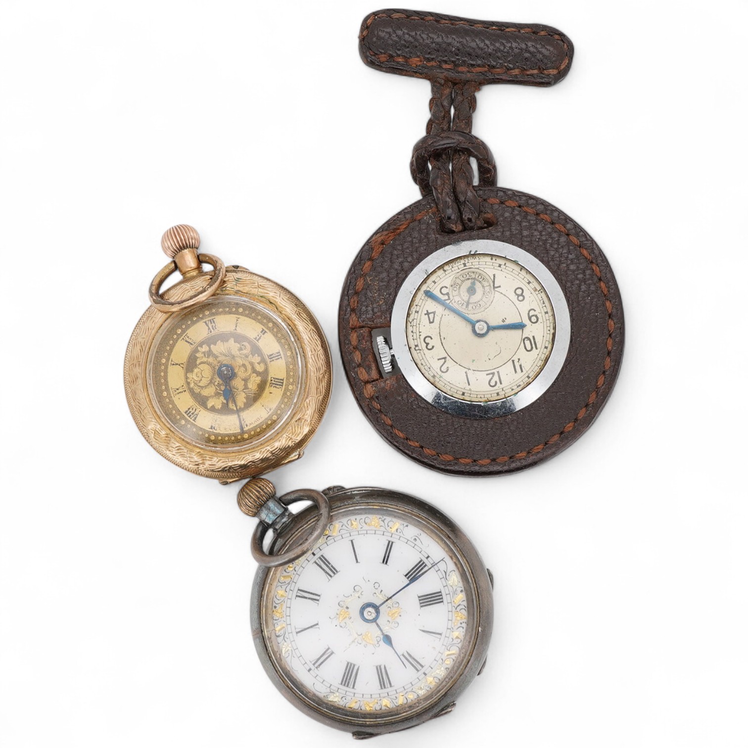A lady's early 20th century continental 9k open faced keyless fob watch, with engraved yellow Roman dial, case diameter 28mm, together with a Swiss 935 standard white metal fob watch and a leather cased steel lapel watch